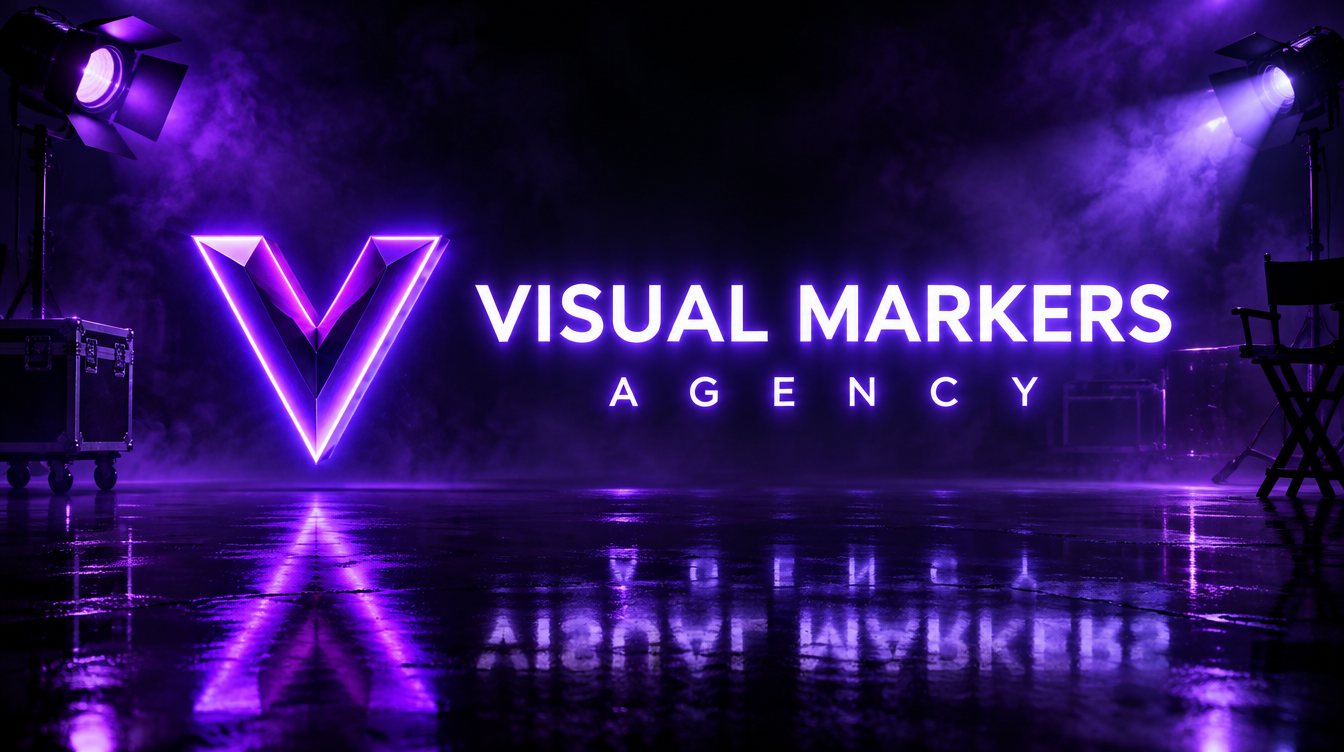 Visual Markers Agency: a neon purple V and the agency name glowing in a dark studio