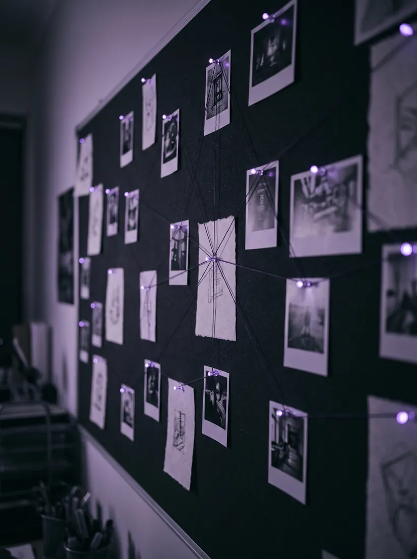 A storyboard wall of pinned frames linked by violet thread