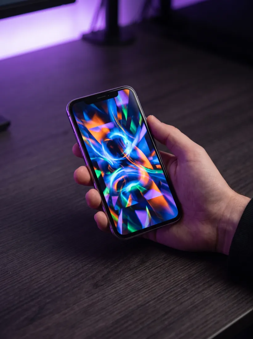 A phone showing a bright ad in a dark room