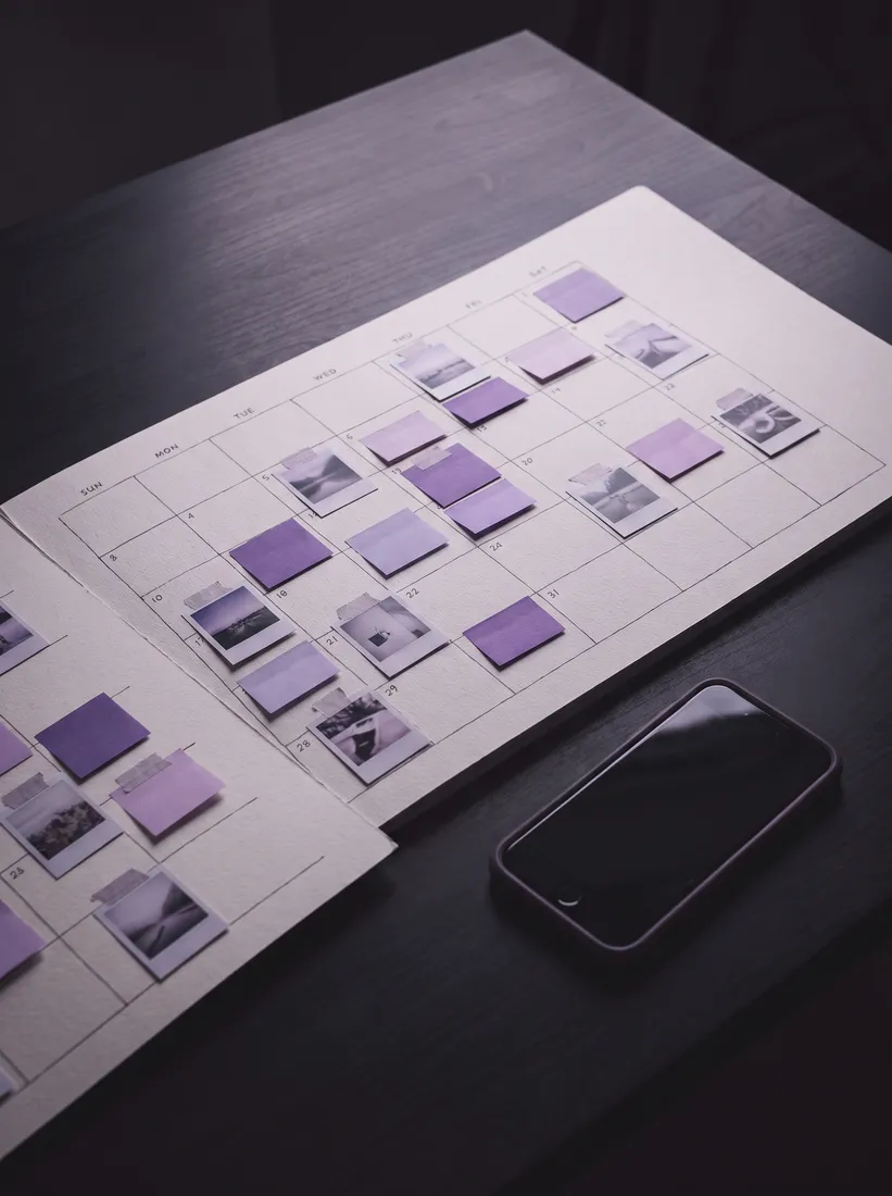 A content calendar with violet markers and photo thumbnails