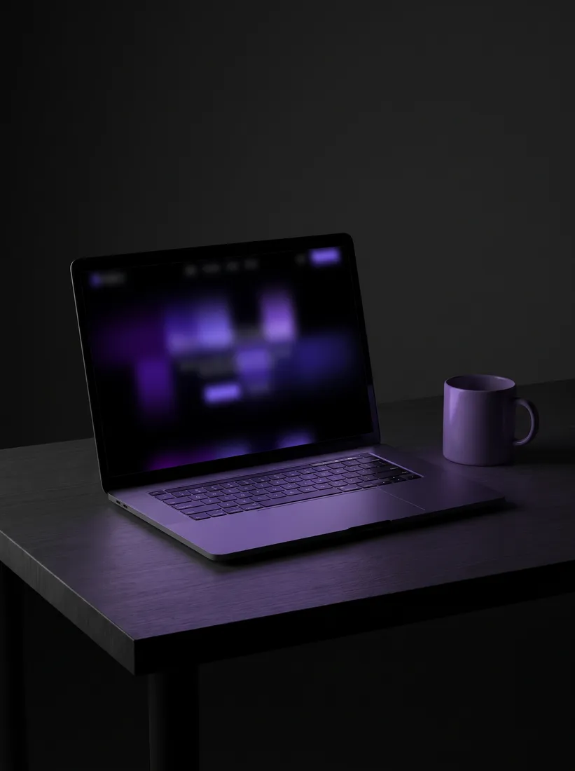 A laptop showing a dark landing page with a violet glow